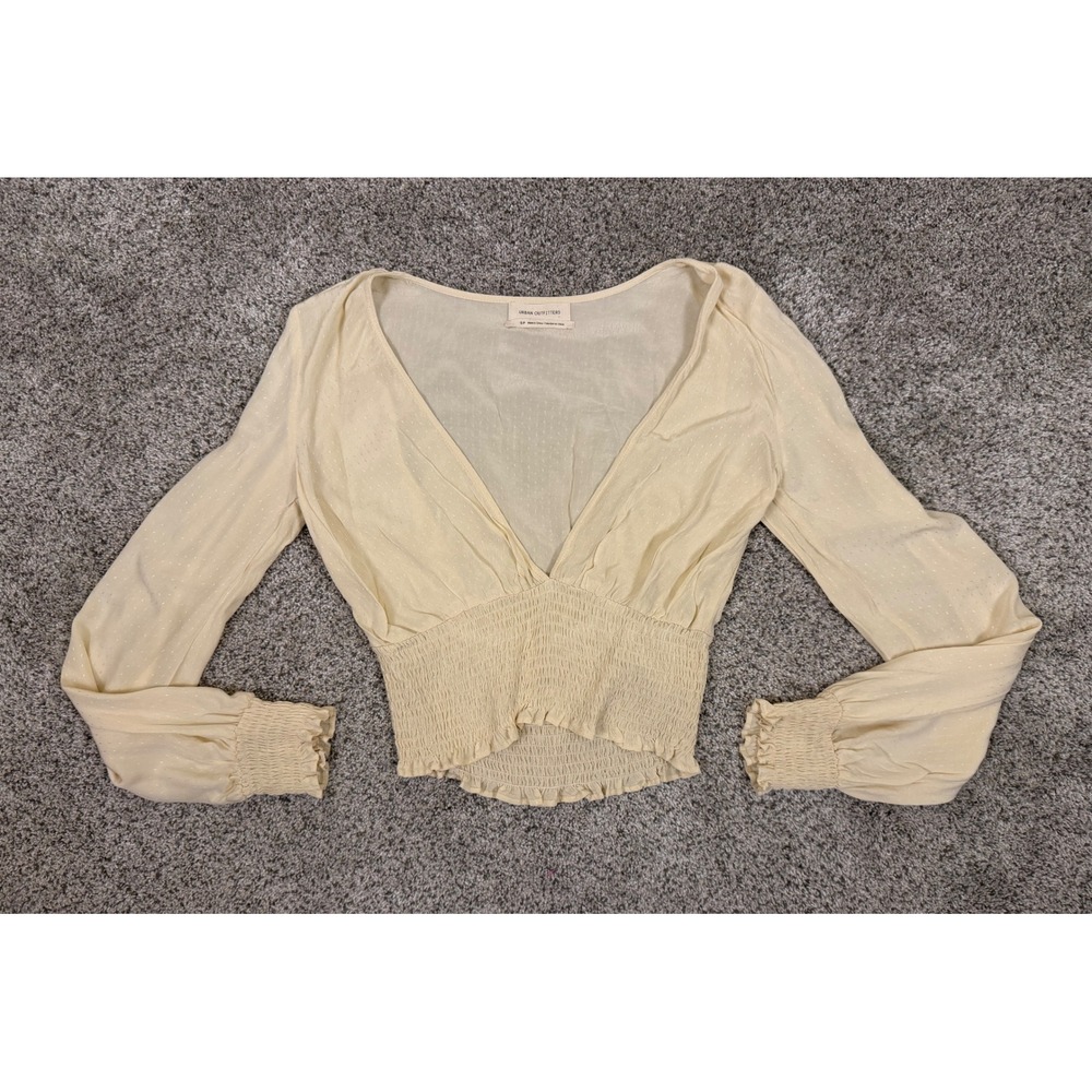 Urban Outfitters Cream Yellow Smocked V-Neck Clip Dot Crop Top Long Sleeve Small
